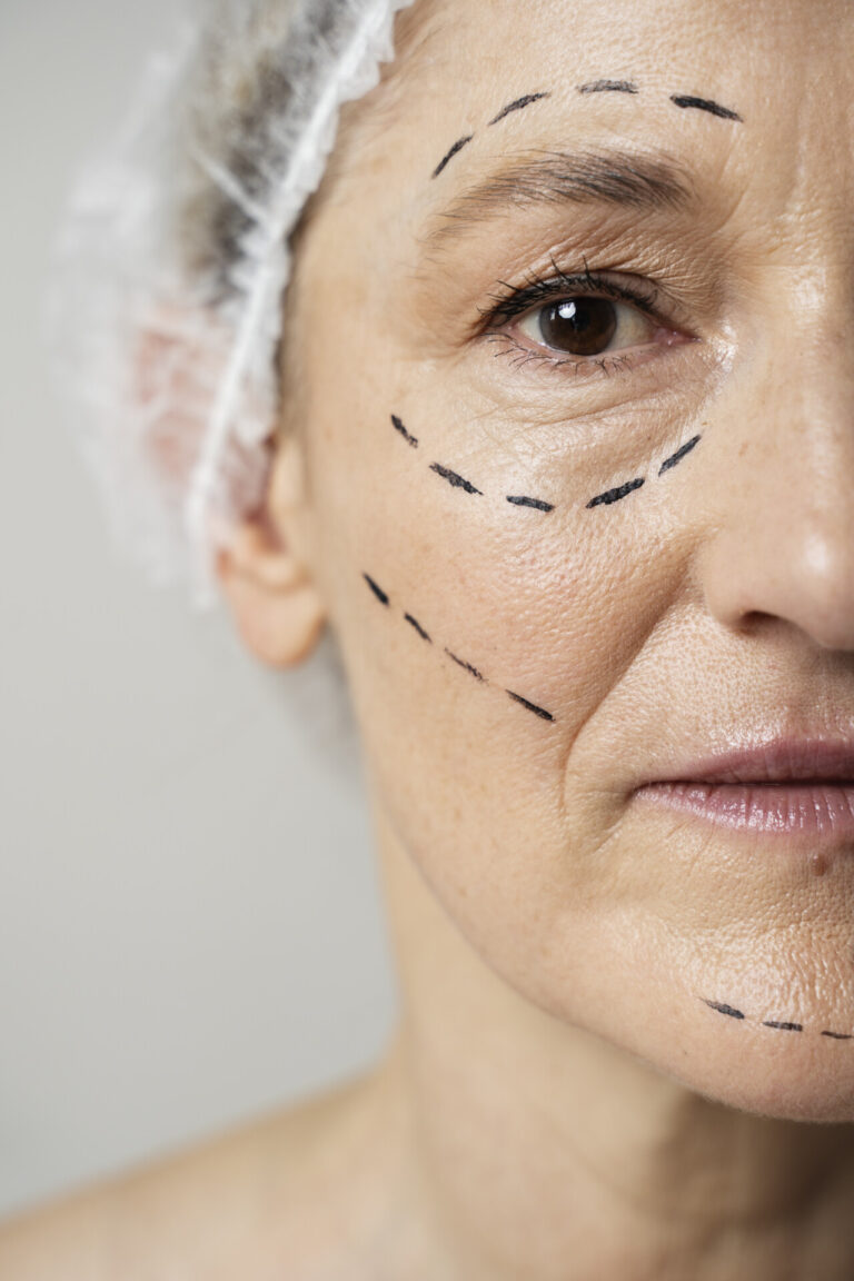 woman with marker traces face close up